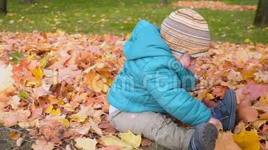 男孩在秋天的树林里，和沐浴在叶子。 stealam